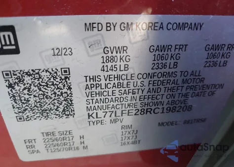 2024 Chevrolet Trax Fwd Sp z USA, uszkodzony, nr VIN KL77LFE28RC198208